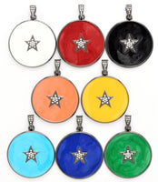 NEW Colorful Enamel Star on Disc Pendant,Cubic Zirconia Pave Pendant, Red/Blue/Pink/Orange/Yellow/White/Green Star Charms, 30*35mm, SKU#F613