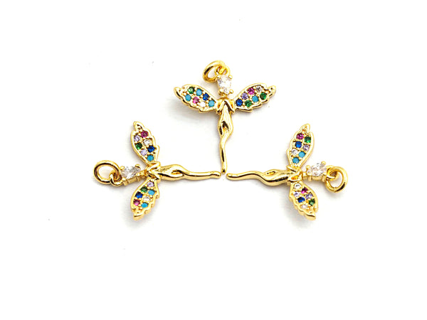 CZ Colorful Micro Pave Fairy Charm/Pendant, Angel Wing Lady Pave Pendant, Gold plated, 16x17mm, Sku#F751