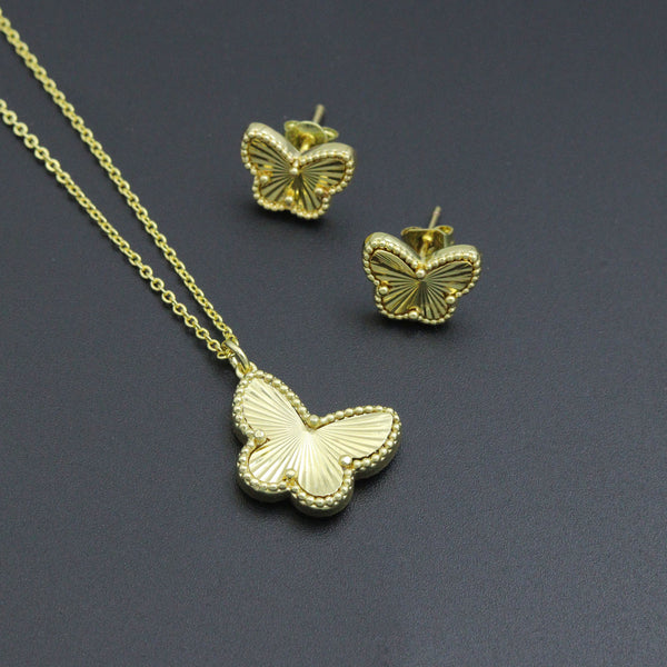Gold Butterfly Pendant Link Chain Necklace Stud Earrings, Sku#FH208