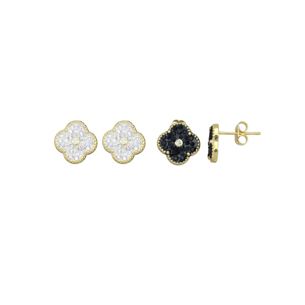 White Black Flower Gold Stud Earrings, Sku#FH233