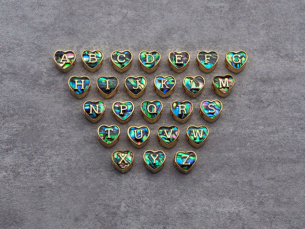New Trendy Abalone Gold Heart Beads, A-Z 26 Initials Letter Space Beads, Initial Letter Charm, 7x9x10mm,sku#G421