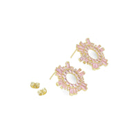 Pink Clear Baguette CZ Flower Statement Earrings, Sku#A336