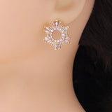 Pink Clear Baguette CZ Flower Statement Earrings, Sku#A336