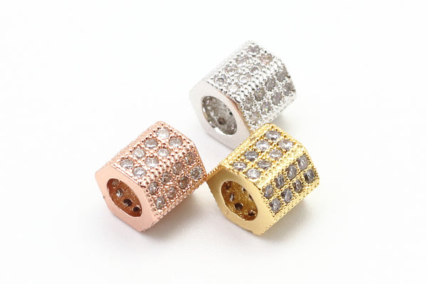 CZ Big Hole Six Sided/Hexangular Tube Clear Micro Pave Beads, Cubic Zirconia Spacer Beads, 6x6mm, Sku#G153