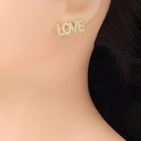 Clear CZ Love Word Shape Gold Stud Earrings, Sku#A356