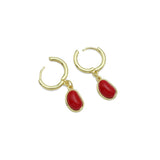 Gold Red Bean Pendant Hoop Earrings, Sku#A366