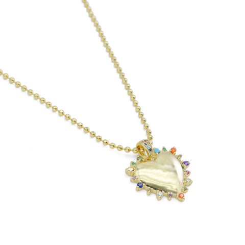 Gold Ball Chain Multicolor CZ Heart Pendant Necklace, Sku#EF535