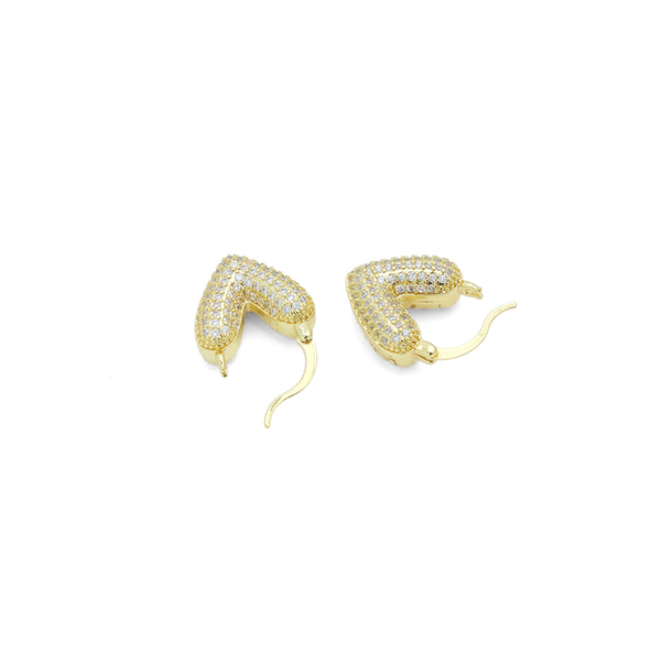 Clear CZ Puffy V Heart Shape Gold Hoop Earrings, Sku#LD616