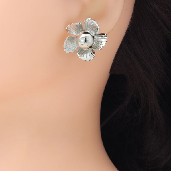 3D Silver Flower with Ball Center Earrings, Sku#LD627