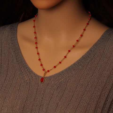 Gold Beaded Chain with Red Bean Pendant Necklace, Sku#A368