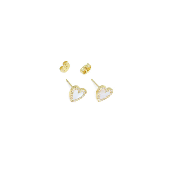 Clear CZ White Mother of Pearl Heart Stud Earrings, Sku#LX661