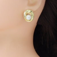 Gold White Pearl Swirl Stud Earrings, Sku#LX783