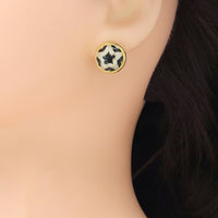 CZ Black Enamel Star On Round Stud Earrings, Sku#A396