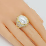 CZ Gold Oval White Pearl Statement Adjustable Ring, Sku#LX692