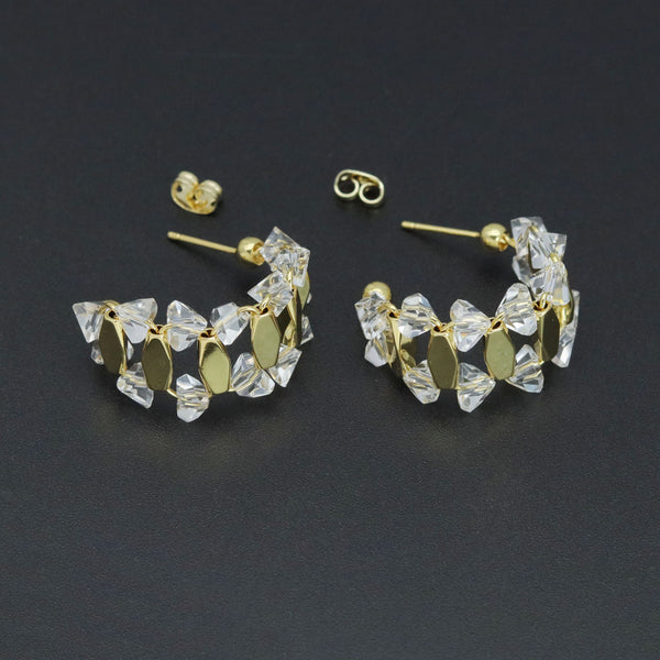 Crystal Stone Gold C Link Hoop Earrings, Sku#LX690