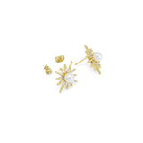 CZ Gold Starburst White Pearl Stud Earrings, Sku#ZX191