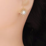 CZ Gold Starburst White Pearl Stud Earrings, Sku#ZX191