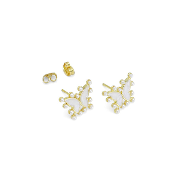 CZ Gold White Pearl Enamel Butterfly Stud Earrings, Sku#LD534