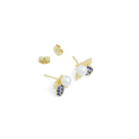 Colorful CZ Cute  Pearl Bee Stud Earrings, Sku#ZX233