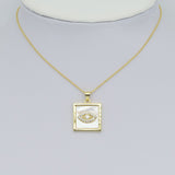 Gold Clear CZ Evil Eye On Square Mother of Pearl Charm Pendant, Sku#LK987