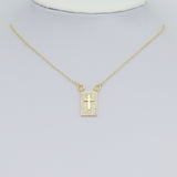 Gold Clear CZ Cross On Rectangle Charm Pendant, Sku#LK988