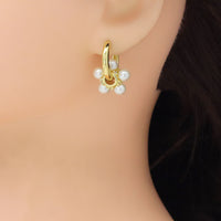 Gold White Pearl Flower Pendant Hoop Earrings, Sku#LK998