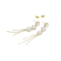 Gold Silver CZ White Pearl Tassel Dangle Earrings, Sku#ZX198