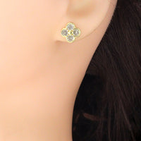 Clear CZ Gold Clover flower Stud Earrings, Sku#LK1136