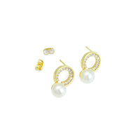 Clear CZ Circle with White Pearl Stud Earrings, Sku#LK1119