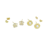 Clear CZ White Pearl Gold Cherry Clam Shell Stud Earrings, Sku#LD733