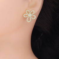 Clear CZ Flower Gold Silver Stud Earrings, Sku#A173