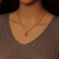 Gold Silver CZ Chain Pink Chevron Point Pendant Necklace, Sku#A184