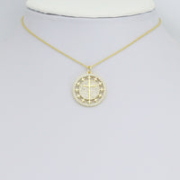 Clear CZ Gold Cross On Round Charm Pendant, Sku#L727