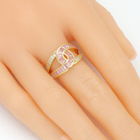 Pink Green Clear Baguette CZ Cross Link Adjustable Ring, Sku#LD653