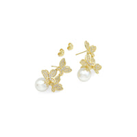 Clear CZ White Pearl Butterfly Stud Earrings, Sku#L725