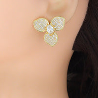 Clear CZ Gold Flower Shape Stud Earrings, Sku#LX823