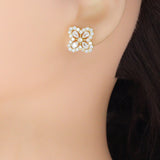 Clear CZ Gold Silver Clover Flower Shape Stud Earrings, Sku#LX824