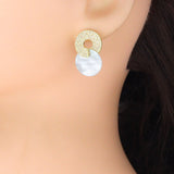 Gold Silver Mother of Pearl Double Circle Stud Earrings, Sku#LX827