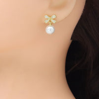 CZ White Pearl Bow Stud Earrings, Sku#LK1037