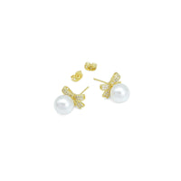 CZ White Pearl Bow Stud Earrings, Sku#LK1037