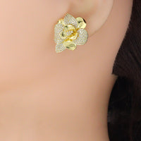 Clear CZ Gold Silver 3D Flower Stud Earrings, Sku#LX831