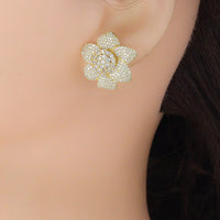 Clear CZ Gold Silver 3D Flower Stud Earrings, Sku#LX840