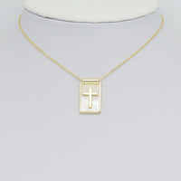 Gold Cross on Mother of Pearl Cross Rectangle Shape Charm Pendant, Sku#LK1051