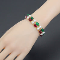 Burgundy Green Oval Jade with Mother of Pearl Gold spacer Stretchy Bracelet, sku#EF761