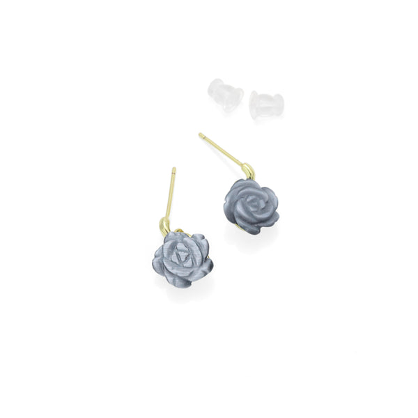 Grey Black Curved Mother of Pearl Rose Flower Earrings, Sku#Y969