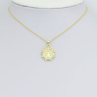 CZ Gold Saint Flower Coin Charm Pendant, Sku#LK1184