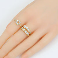 CZ White Pearl flower Bow Baguette cz pearl Adjustable Ring, Sku#O132