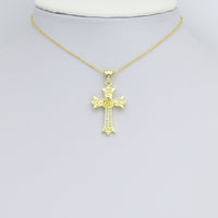 CZ Gold Flower On Cross Charm Pendant, Sku#LK1195