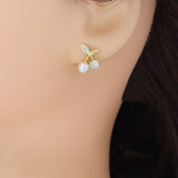 Clear CZ White PearlCherry Stud Earrings, Sku#A501