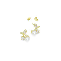 Clear CZ White PearlCherry Stud Earrings, Sku#A501